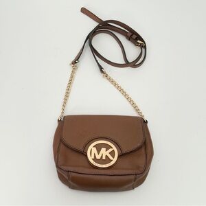 Michael Kors Fulton Crossbody Brown Leather Small Gold Chain Strap Logo